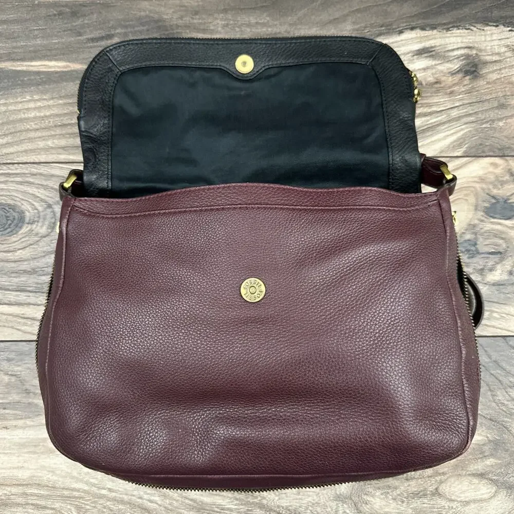 Fossil Leather Zipper Crossbody Shoulder Satchel Saddle Bag Black Burgundy - Picture 4 of 14